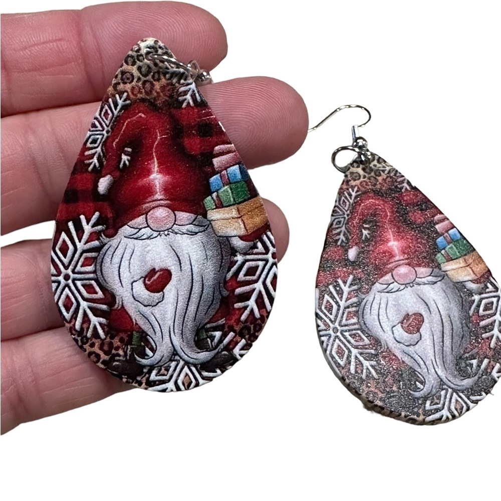 Wooden Christmas Gnome Teardrop Drop Earrings